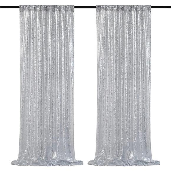 Silver Sequin Backdrop 2Panels 2FTx8FT Christmas Party Backdrop Curtains Glitter - Picture 1 of 6